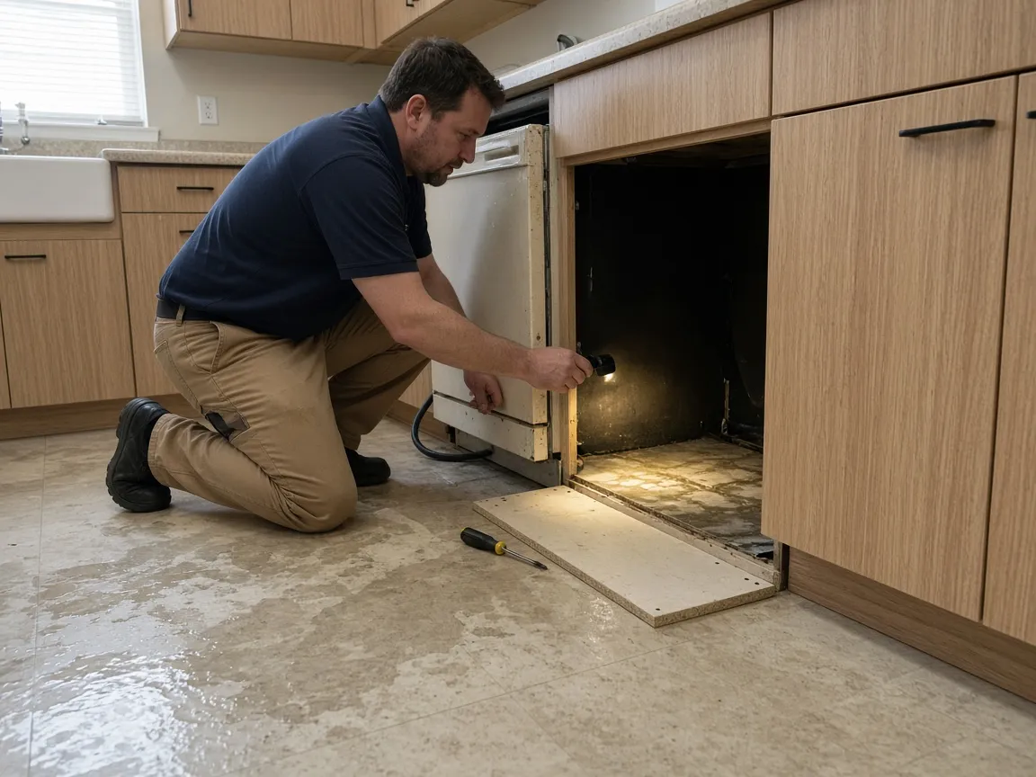 Technician lighting the cavity under a kitchen cabinet run with the toe-kick removed and the dishwasher pulled out.