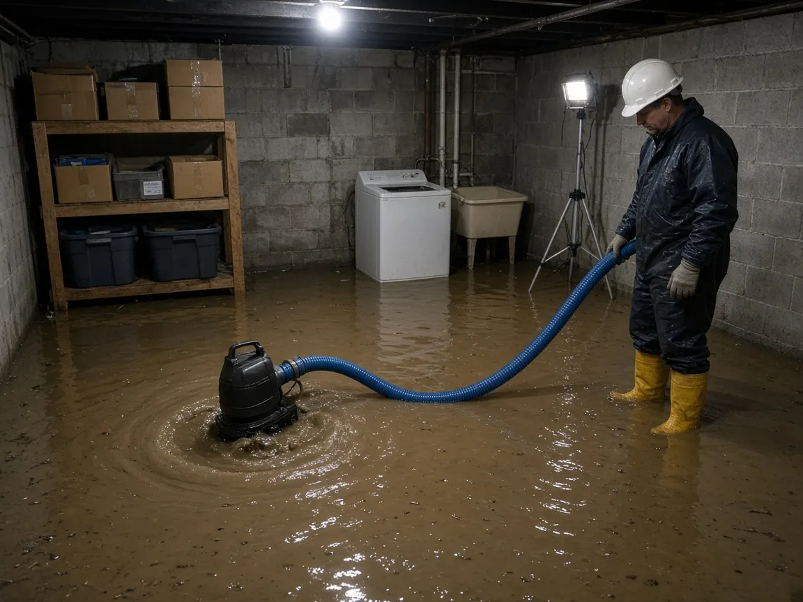 Submersible pump running in a flooded basement, discharge hose run out and a technician watching the water level.