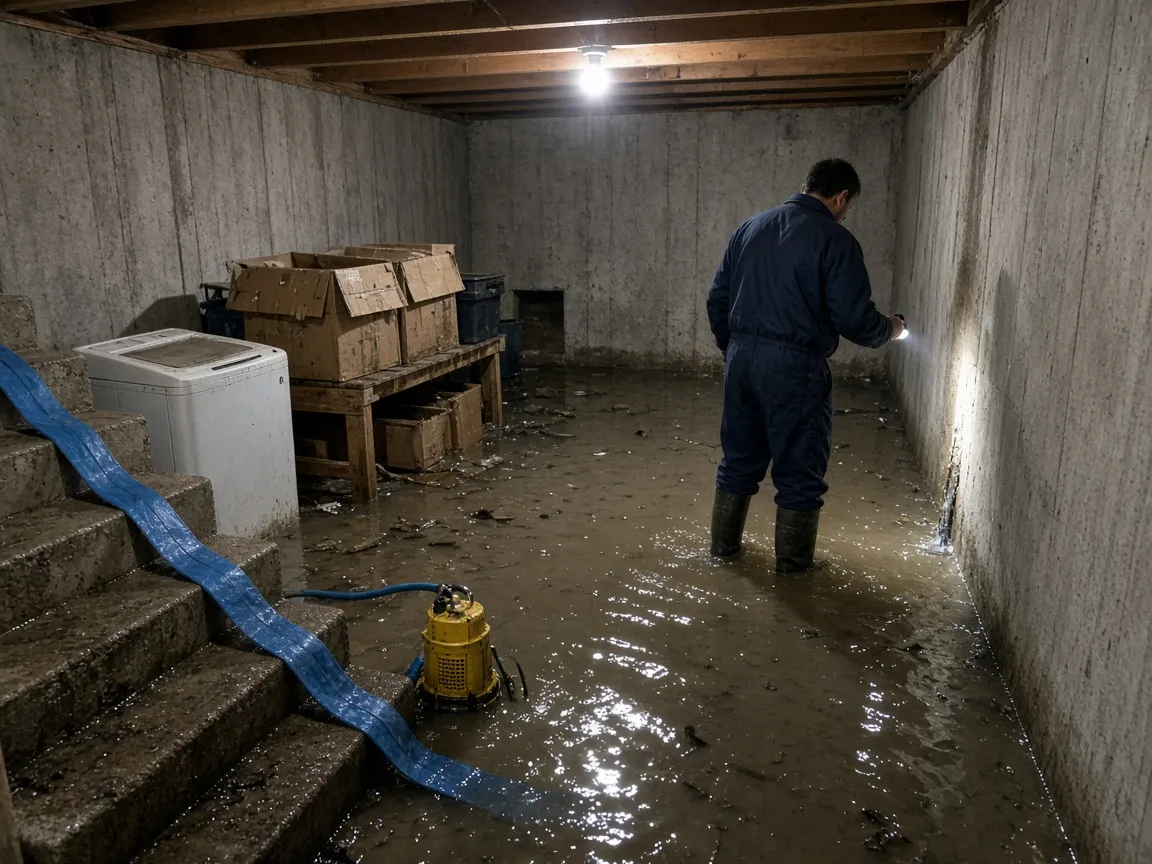 Technician in rubber boots checking a foundation wall by flashlight in a flooded basement, with a submersible pump running in the standing water.