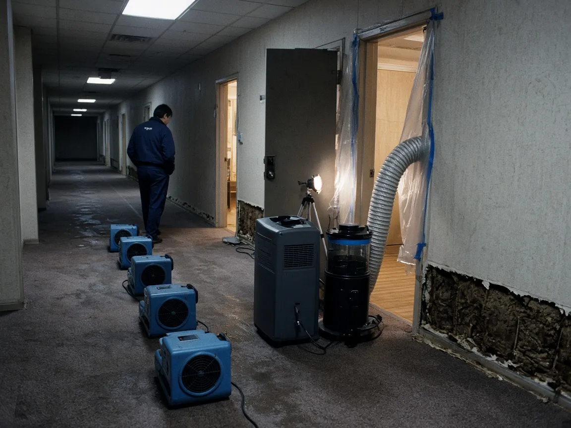 Air movers, a dehumidifier, and an air scrubber running along the soaked corridor of a Burnaby low-rise.