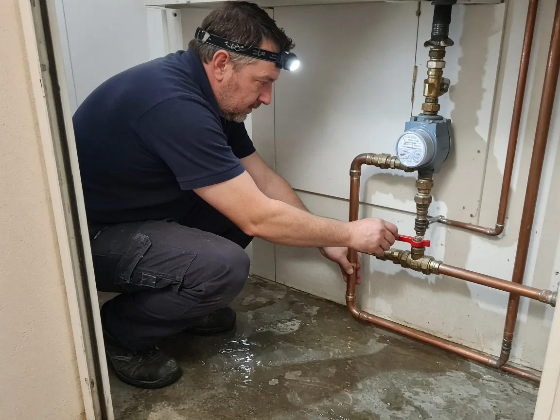 Technician closing the main water shut-off valve in a utility cupboard, the floor around him already wet.
