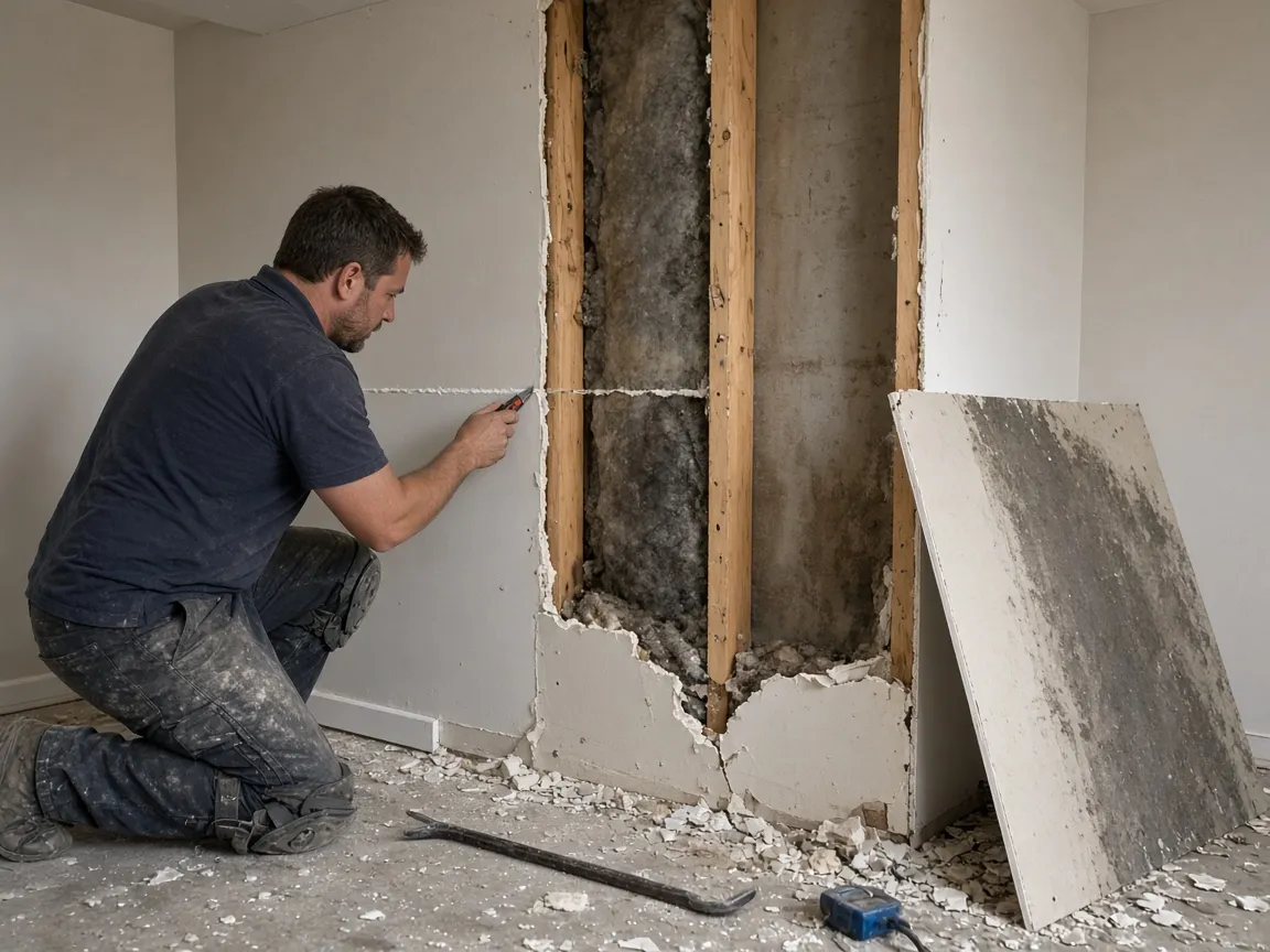Technician cutting the wet lower band of drywall away along a chalk line, a soaked section already pulled off beside him.