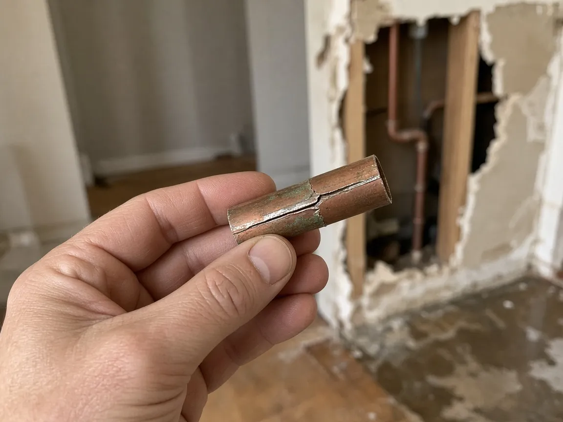 Cut-out offcut of copper supply line held up to show the freeze split along its side.