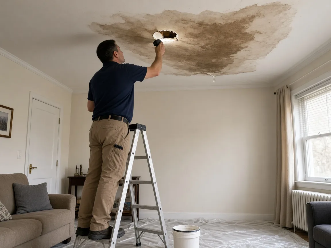 Technician on a stepladder shining a torch into an inspection hole cut in a water-stained ceiling to trace the leak.