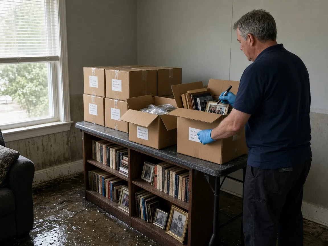 Technician packing books and framed photographs from a soaked shelf into labelled crates in a water-damaged room.