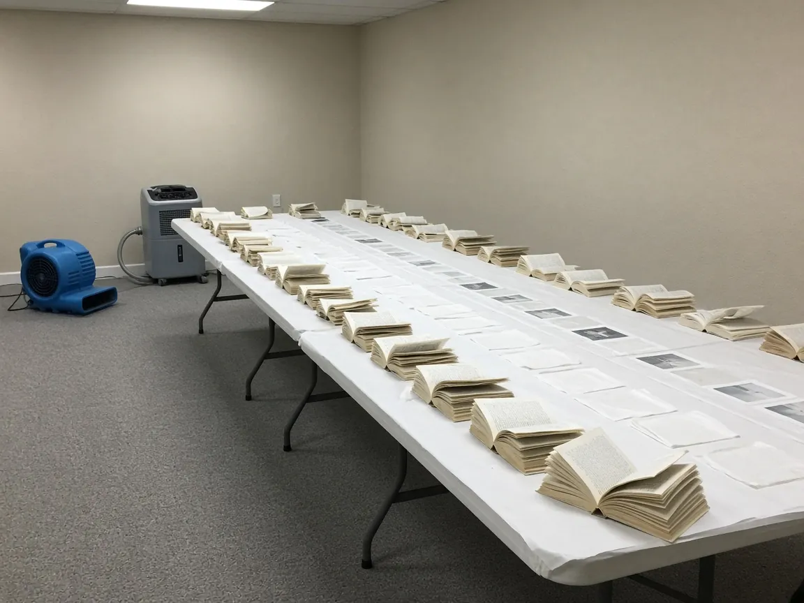 Damp books stood open to dry and documents laid out flat on paper-covered tables, an air mover running down the row.