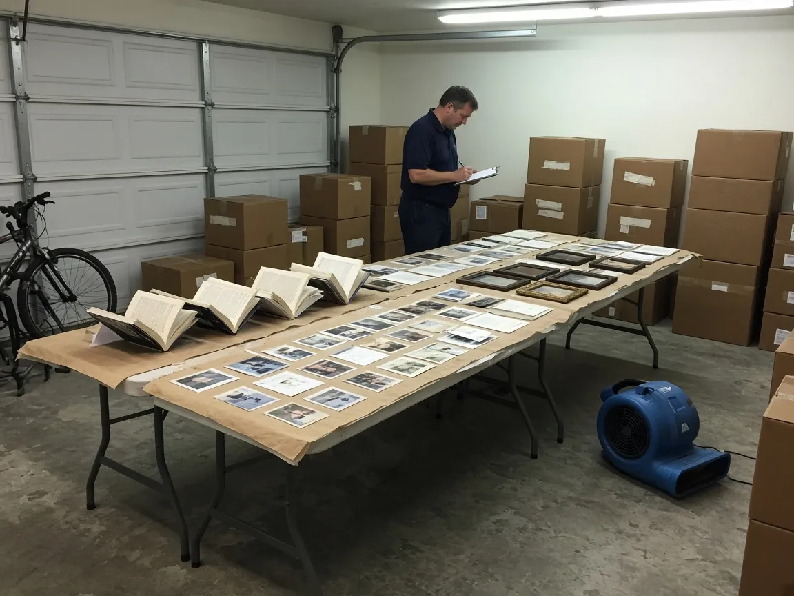 Damp books and photographs laid out to dry on paper-covered tables, with a technician logging labelled inventory boxes on a clipboard.