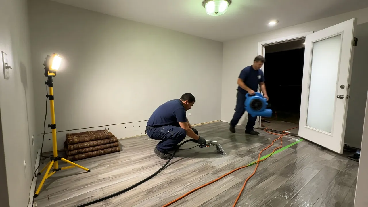 Two technicians on a Burnaby ground floor at 2am — one extracting water from soaked vinyl plank, the other placing an air mover, with baseboards already pulled off the wall.
