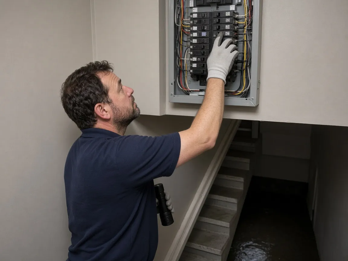 Technician switching off the main breaker at the top of the basement stairs before anyone goes near the water below.