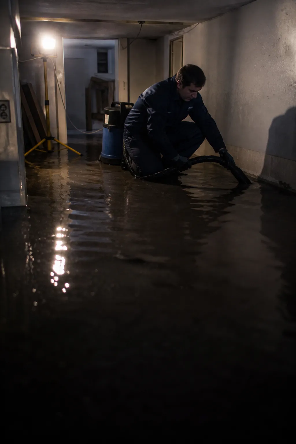Technician extracting standing water from a flooded Burnaby basement at night, lit by a single work light.