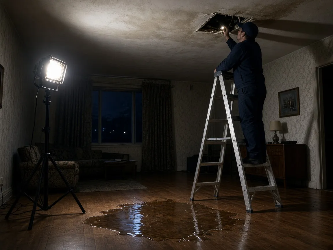 Technician inspecting an opened ceiling cavity above a pooled hardwood floor in a Kitsilano townhouse at night.