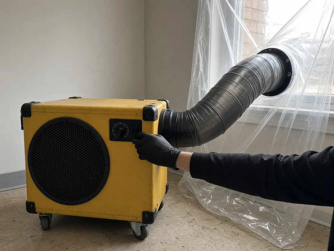 HEPA negative air machine ducted out through a window, the containment sheeting drawn inward under negative pressure.
