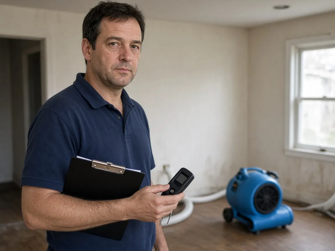 A technician on site holding a moisture meter, a room being dried behind him.