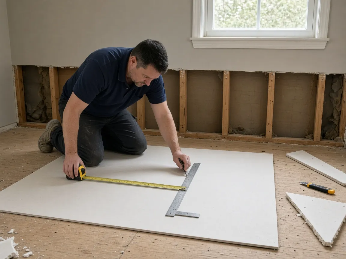 Technician marking a cut line on a sheet of drywall on the floor, the flood cut in the wall behind him showing dry studs.