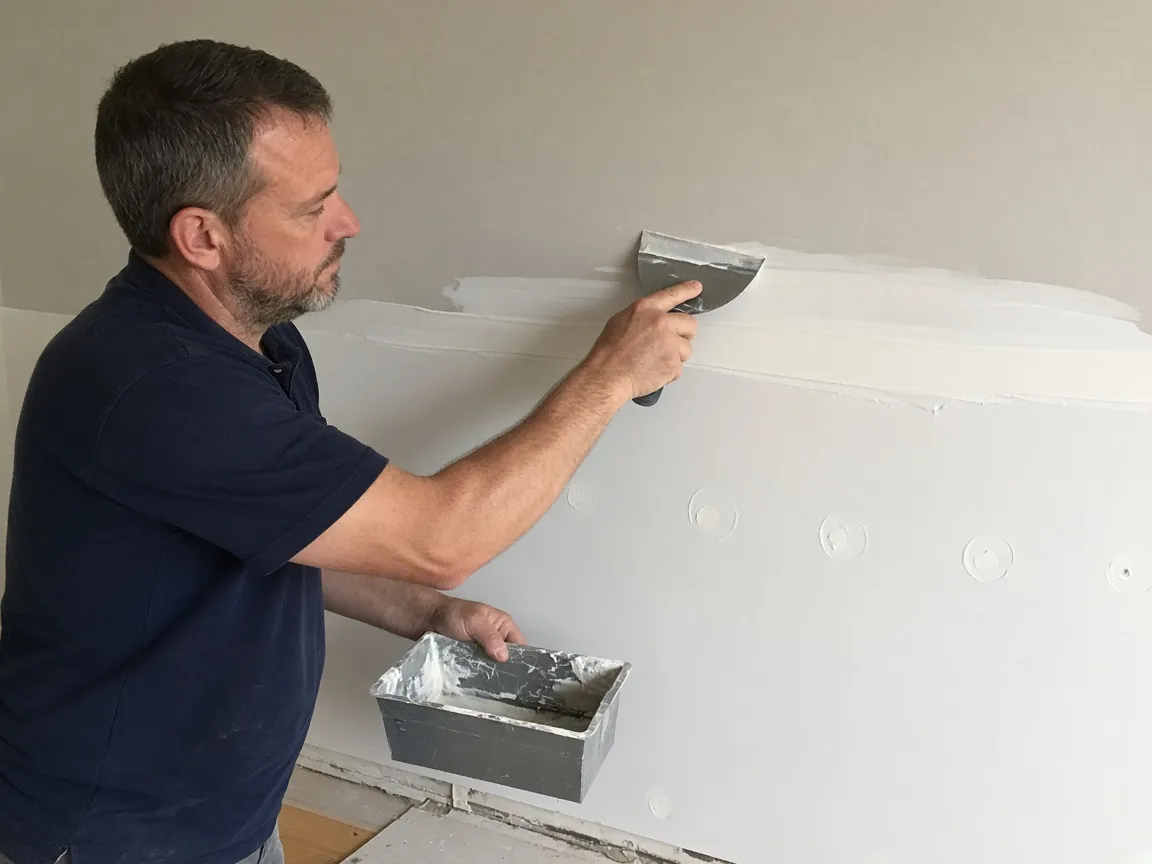 Technician taping and mudding the joint between the new lower board and the original wall above it.