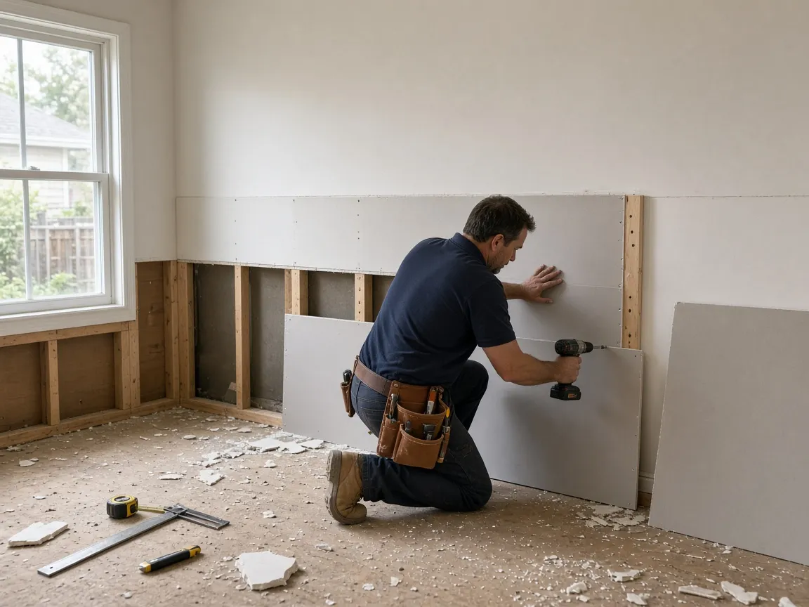 Technician kneeling to screw a fresh sheet of drywall to the studs below a flood cut line, with offcuts and gypsum dust across the bare subfloor.