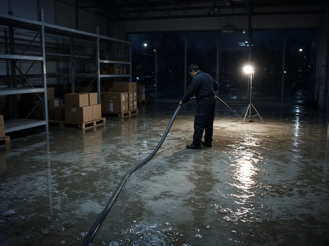 Technician extracting groundwater from the concrete slab of an empty Richmond retail unit overnight.