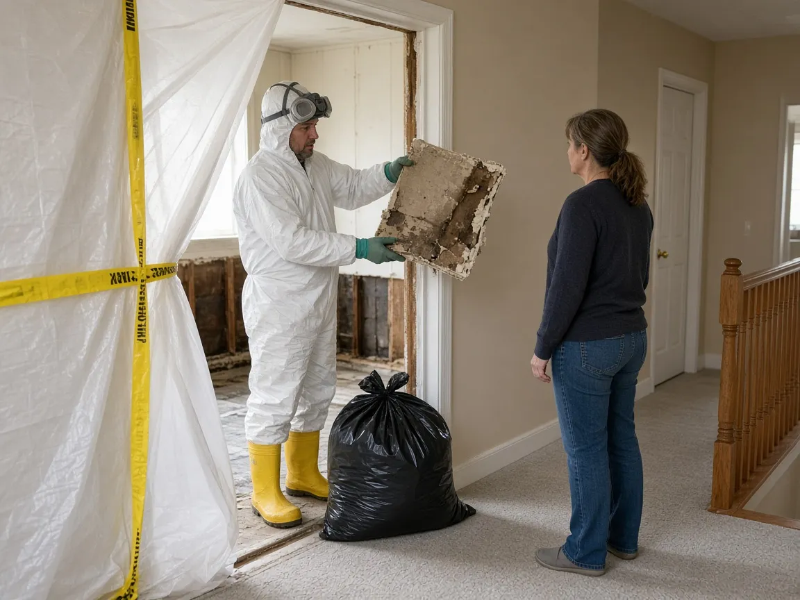 Technician in protective equipment at a containment doorway showing a homeowner a piece of contaminated material that must be discarded.