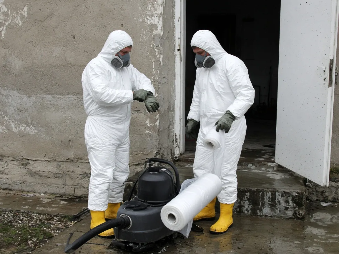 Two technicians in full protective equipment gearing up at the open door of a basement before going in.