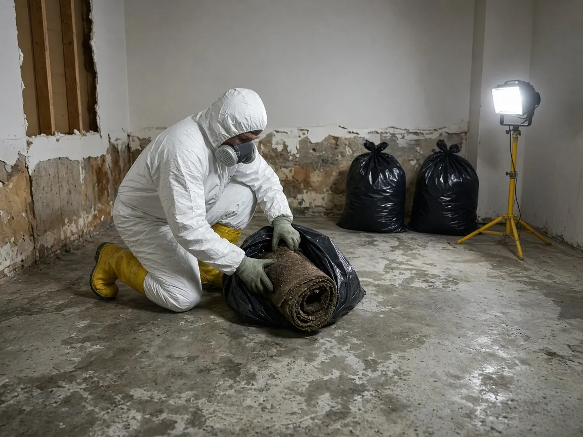 Technician in protective equipment bagging cut-out contaminated carpet in a stripped basement room.