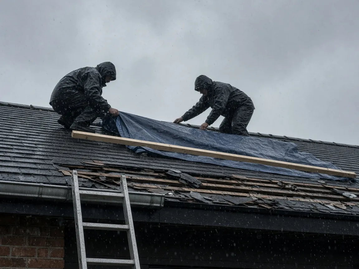 Two technicians tarping a damaged roof section in steady rain, battening the edge down with timber.