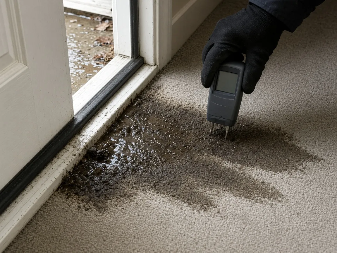 Moisture meter pressed into carpet where rainwater tracked in under a door threshold, the sediment line still visible.