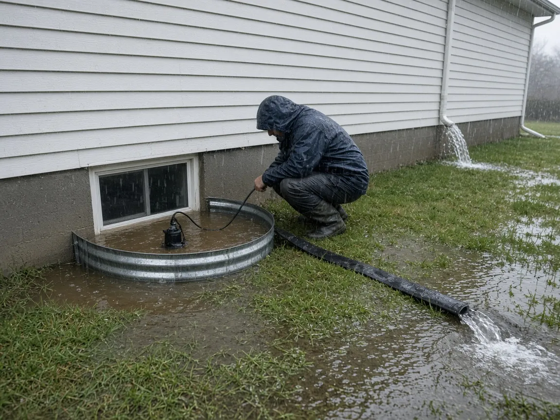 Technician crouched beside a basement window well flooded to the rim in heavy rain, running a submersible pump out to a discharge hose across the waterlogged lawn.