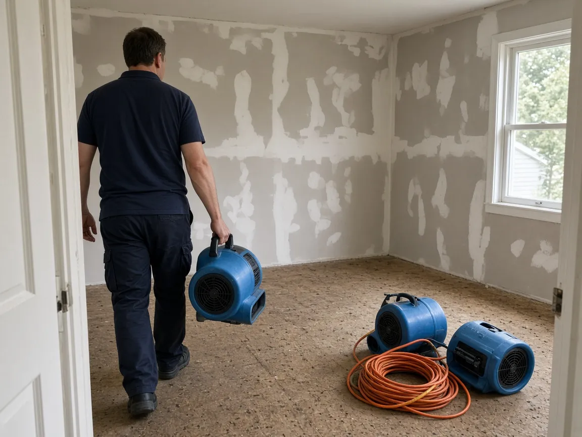 Technician carrying an air mover into a stripped room, more fans and an extension lead stacked by the door.