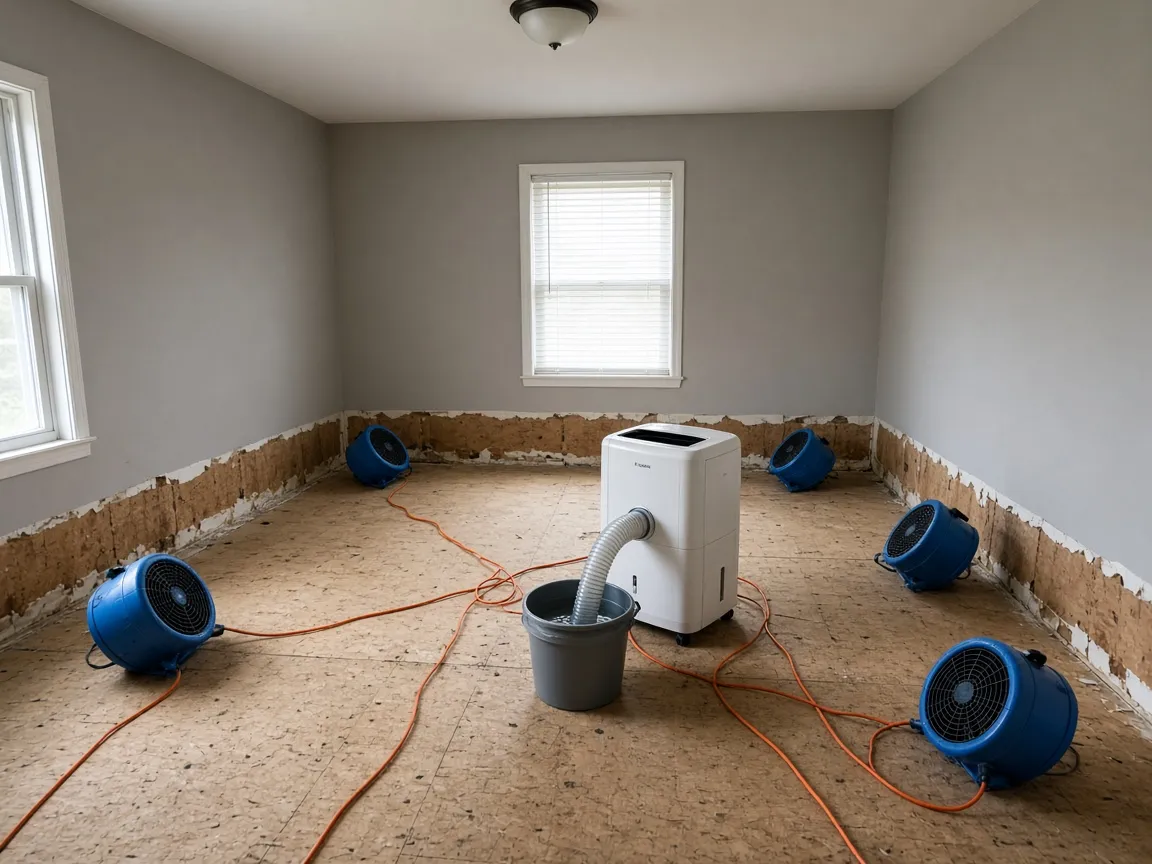 Air movers ringing a stripped bedroom with a dehumidifier draining into a bucket in the middle of the floor.