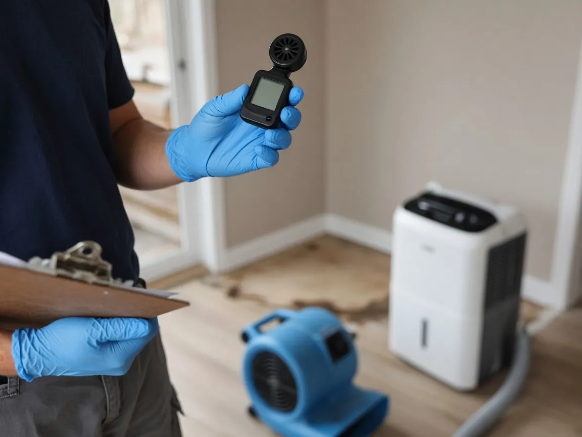 Technician holding a thermo-hygrometer up to take an ambient reading, clipboard under his arm and a dehumidifier running behind.
