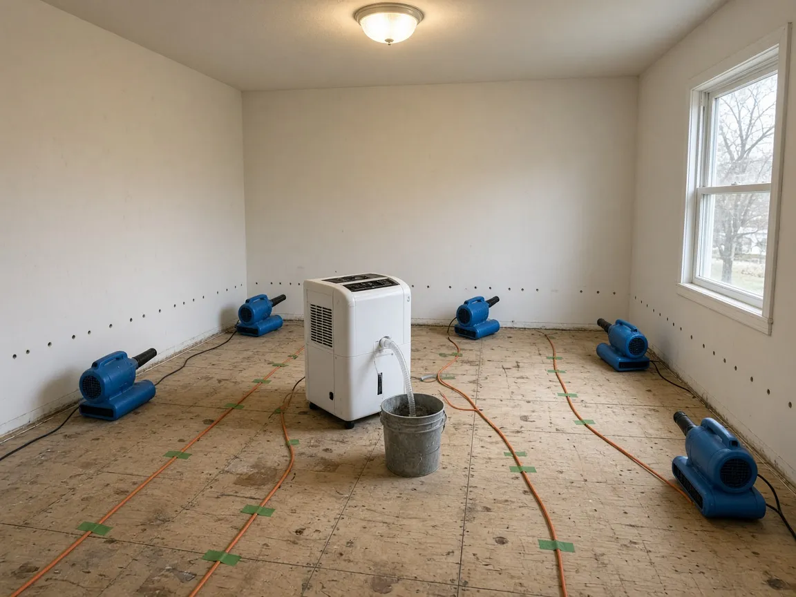 Air movers ringing a stripped room with the baseboards off, and a dehumidifier draining into a bucket in the middle.