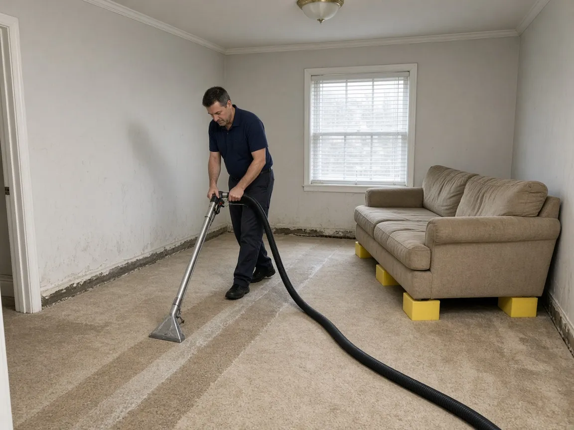 Technician walking an extraction wand across soaked carpet in an emptied room, the sofa propped on blocks and the baseboards already off.