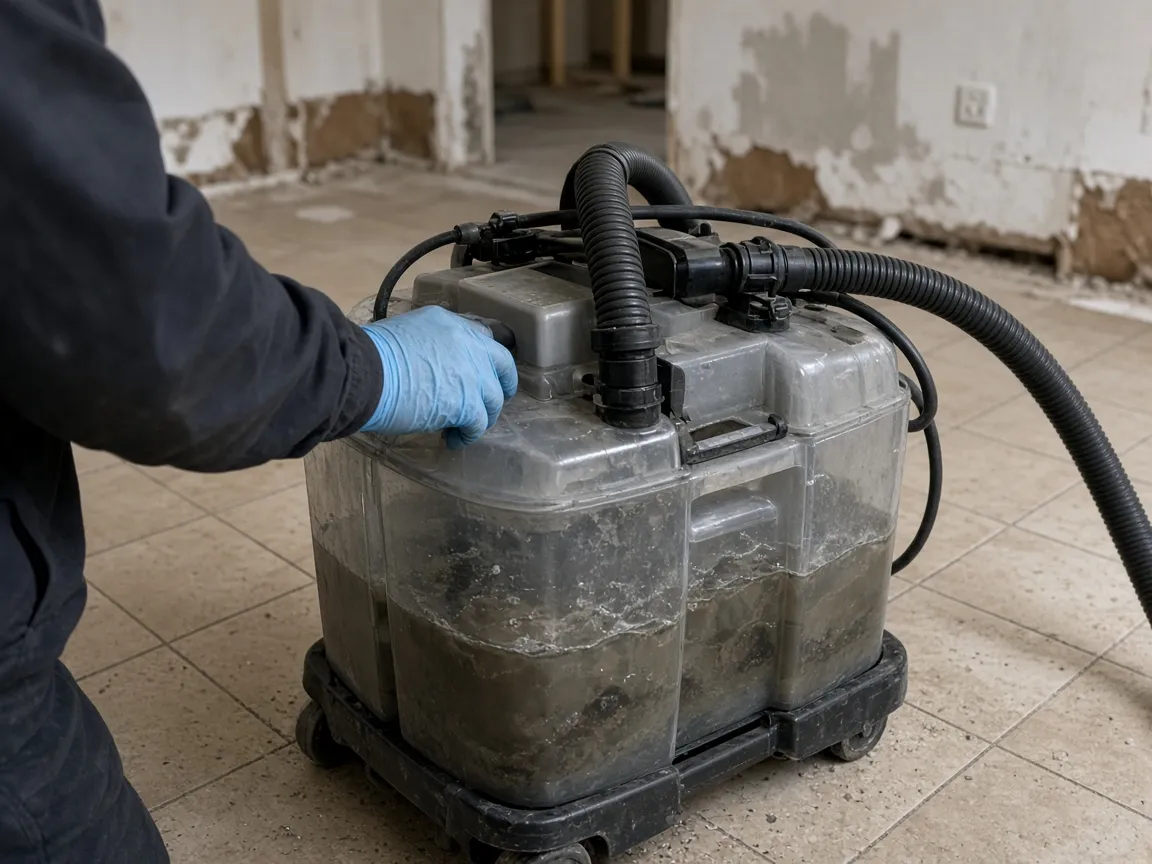 The clear tank of a portable extractor half full of dirty recovered water, standing on the floor of a stripped room.