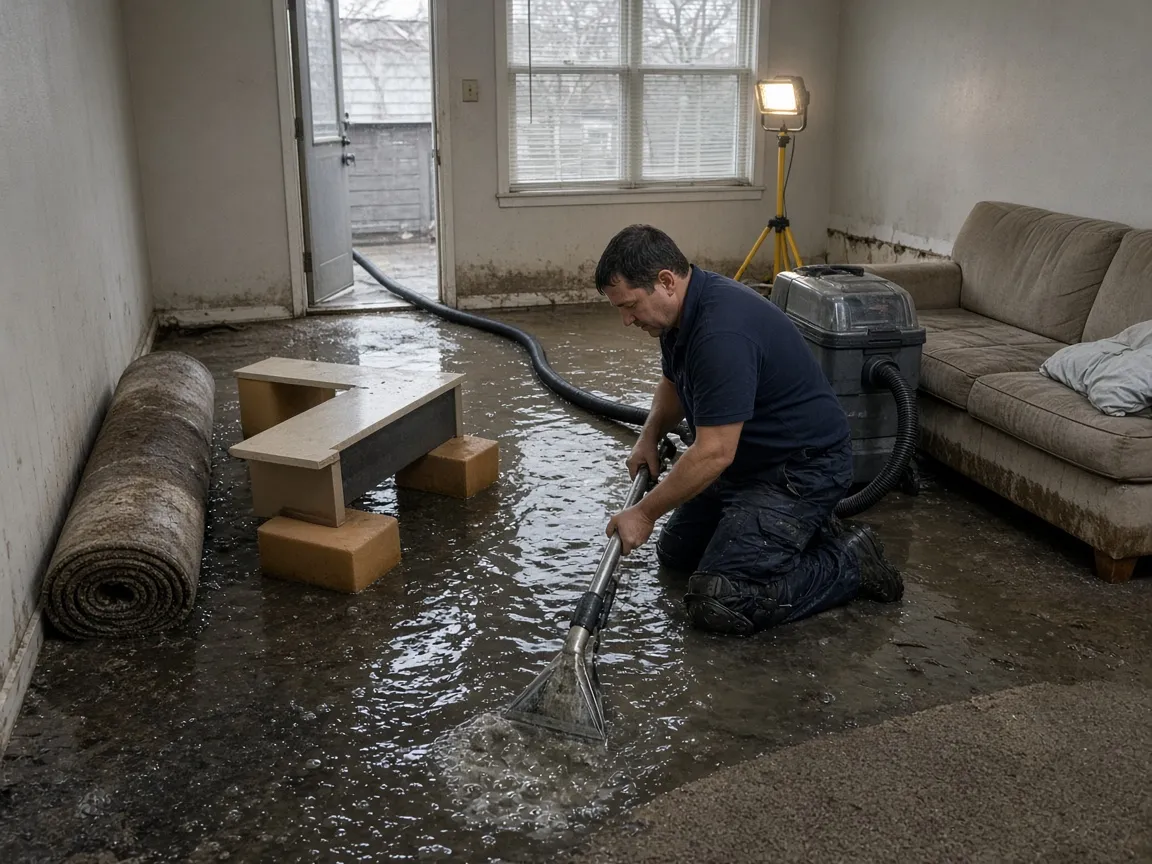 Technician kneeling in standing water working an extraction wand, with a tide line up the wall, the soaked carpet rolled back and furniture propped on blocks.